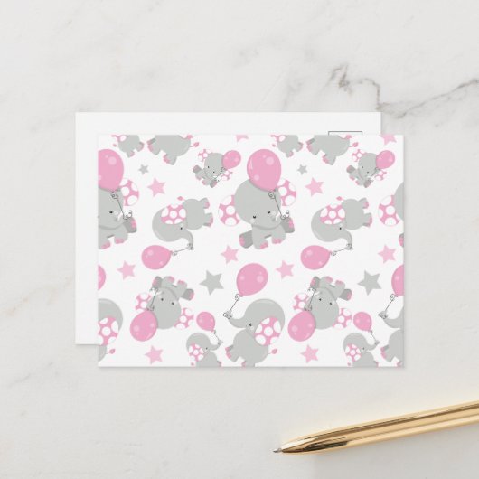 Carte Postale Motif d'éléphants, éléphants mignons - Rose gris (Devant/Arrière en situation)