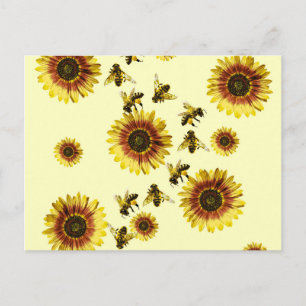 Carte Postale Motif d'été des tournesols jaunes et des abeilles 