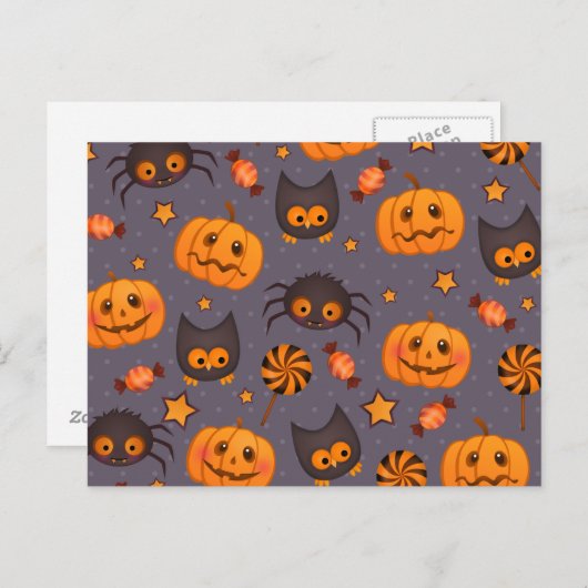 Carte Postale Motif d'Halloween mignon Arrière - plan pourpre (Devant / Derrière)