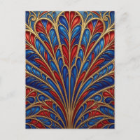 Motif éventail paon orné rouge bleu or royal