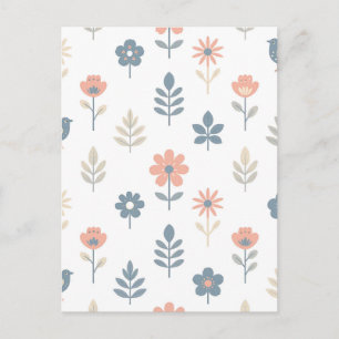 Carte Postale Motif Fleurs Oiseaux Folk Scandinave