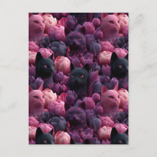 Carte Postale Motif floral surréaliste de chat noir et de pivoin