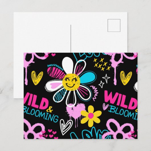 Carte Postale Motif graffiti fleur smiley mode (Devant / Derrière)