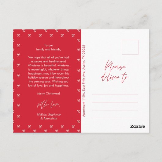 Carte Postale Motif moderne Red Bow Famille Photo Noël (Dos)