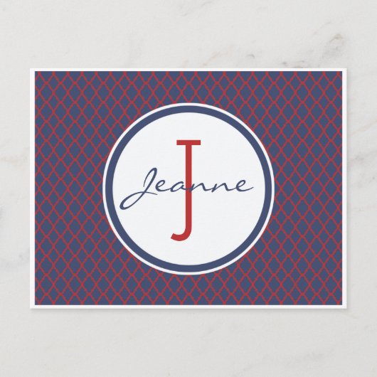 Carte Postale Motif Monogram Blue & Red Quatrefoil Trellis (Devant)