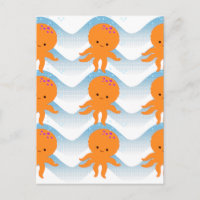 Motif Octopus Orange Et Vagues Bleues