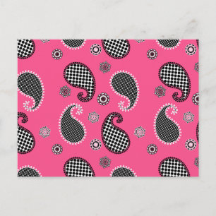 Carte Postale Motif Paisley, rose fushia, noir et blanc