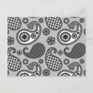 Carte Postale Motif Paisley, tons gris, noir et blanc