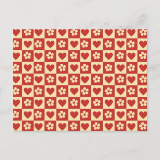 Carte Postale Motif Rétro à carreaux Cœurs et Fleurs 