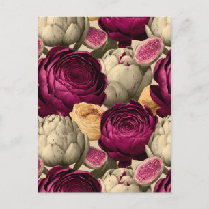 Carte Postale Motif sans couture avec pivoines et artichauts