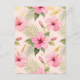 Carte Postale Motif sans couture tropical à hibiscus rose