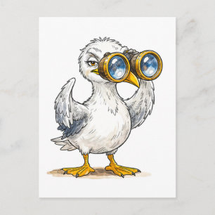 Carte Postale Mouette regardant à travers des jumelles vers la c