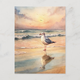 Carte Postale Mouette Rivage Coucher de Soleil Océan Peinture à