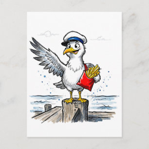 Carte Postale Mouette Volant Des Frites Illustration Marine À L'