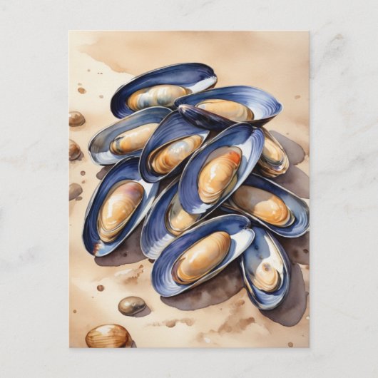 Carte Postale Moules sur l'aquarelle de plage (Devant)