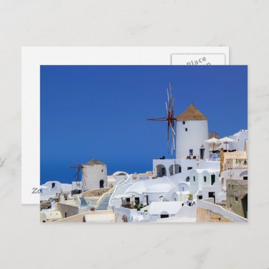 Carte Postale Moulin à vin en Oia, Santorin, Grèce (Devant / Derrière)