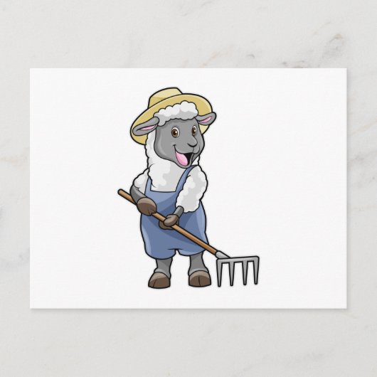 Carte Postale Mouton en tant qu'agriculteur avec râteau et chape (Devant)