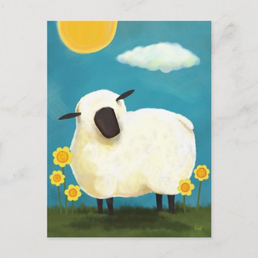 Carte postale Mouton Fluffy et Fleurs Jaunes (Devant)