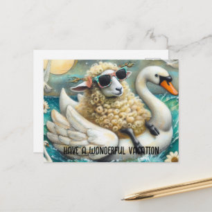Carte Postale Mouton mignon cygne flotteur Passez des vacances m