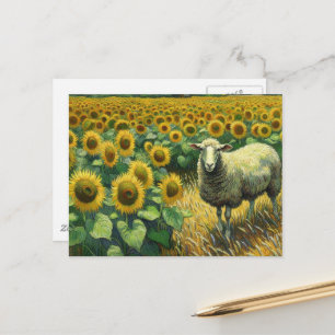 Carte Postale Moutons adorables dans un champ de tournesol