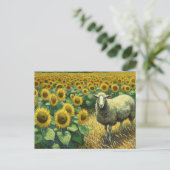 Carte Postale Moutons adorables dans un champ de tournesols (Debout devant)