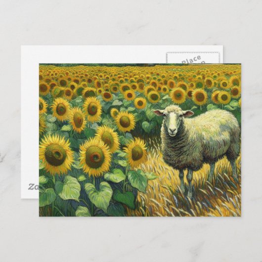 Carte Postale Moutons adorables dans un champ de tournesols (Devant / Derrière)