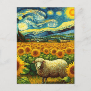 Carte Postale Moutons dans le champ de tournesol Van Gogh Style
