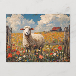 Carte Postale Moutons dans un champ Fleur sauvage Ferme rustique