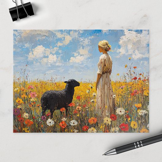 Carte Postale Moutons et bergers avec Fleurs sauvages