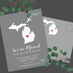 Carte Postale Moving Announcement State MICHIGAN Post Card<br><div class="desc">Moving Announcement | State MICHIGAN Modern moving announcement featuring the state of MICHIGAN, with a red heart & airplane set on a gray background. The background color can be changed easily by clicking personalize and then click to customize further to view our color picker. From there you can also move...</div>