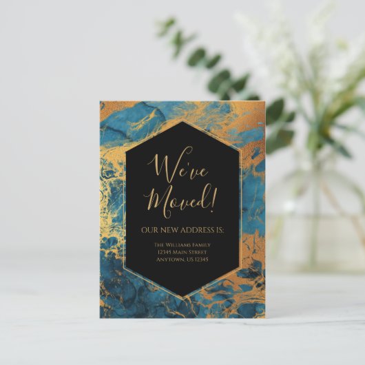 Carte Postale Moving Faire-part Blue Gold Marble Ink moderne (Debout devant)