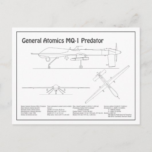 Carte Postale MQ-1 Predator UAV- Plan d'avion BD (Devant)