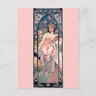 Carte Postale Mucha femme rose robe romantique art déco dame
