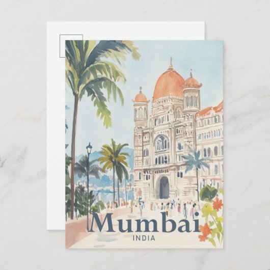 Carte Postale Mumbai Inde Aquarelle Peinture Voyage (Devant / Derrière)