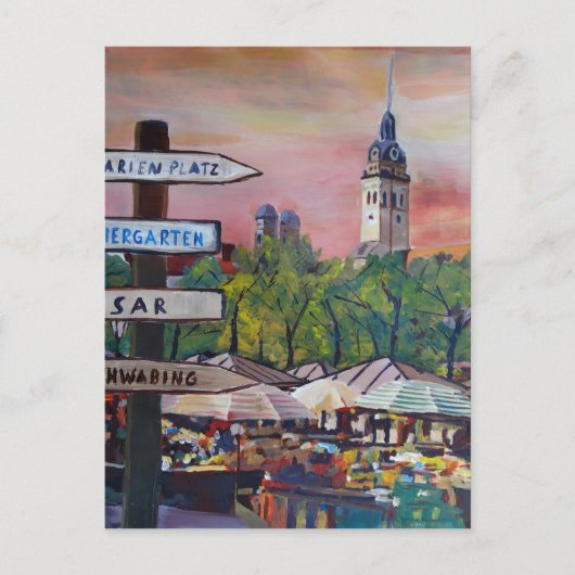 Carte Postale Munich Bavière Viktualienmarkt avec des panneaux (Devant)