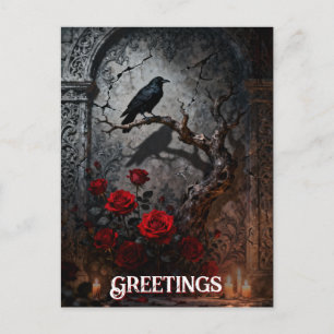 Carte Postale Murale Anniversaire Gothique Sombre Corbeau et Ros