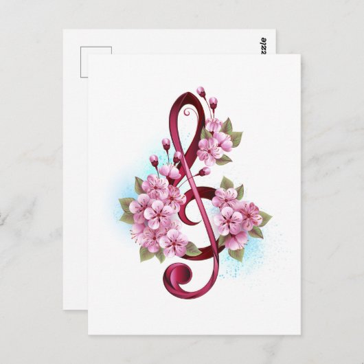 Carte Postale Musical treble clef notes with Sakura flowers (Devant / Derrière)
