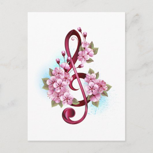 Carte Postale Musical treble clef notes with Sakura flowers (Devant)