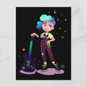 Carte Postale Musicienne fille aux cheveux bleus avec guitare ro