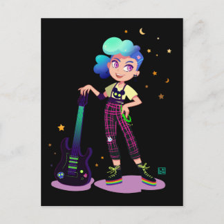 Carte Postale Musicienne fille aux cheveux bleus avec guitare ro