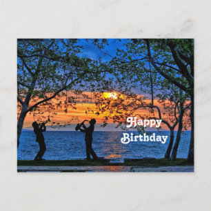 Carte Postale Musiciens en Silhouette d'Anniversaire de Coucher