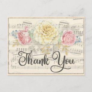 Carte Postale Musique Ancienne avec Remerciement Floral Rose Jau