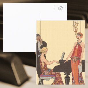 Carte Postale Musique Vintage, Art Déco Pianiste Musicien Chante