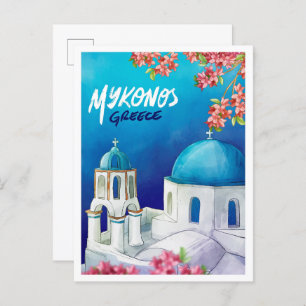 Carte Postale Mykonos Grèce Art Aquarelle Illustration de voyage