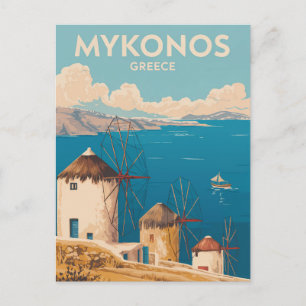 Carte Postale Mykonos Grèce Illustration Art de Voyage Vintage