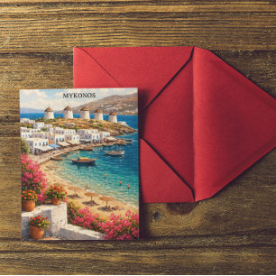 Carte Postale Mykonos Grèce Moulins Rétro Illustration de Voyage