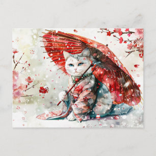 Carte Postale Mystérieuse Geisha Chat avec Parasol Rouge