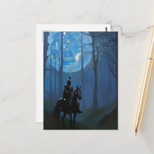 Carte Postale Mystérieux Chevalier Noir dans la Forêt Lune (Devant/Arrière en situation)