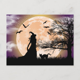 Carte Postale Mystical Witch, Black Cat, Full Moon