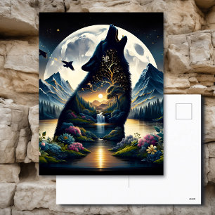 Carte Postale Mystical Wolf Howling at Moon Surreal